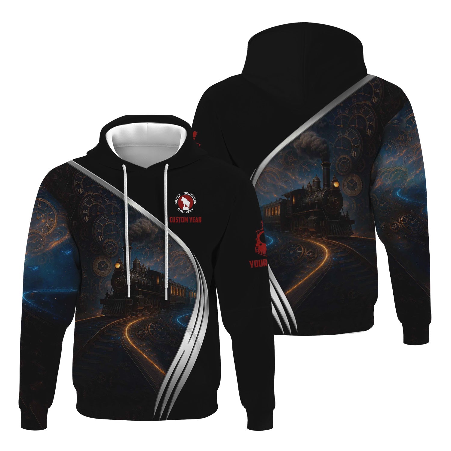 Railspirit Personalized Great Northern Railway Hoodie Steampunk Locomotive with Custom Year GNR Train Zip Up Hoodie