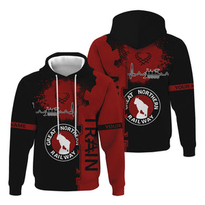 Railspirit Personalized Great Northern Railway Hoodie Engine Heartbeat and Track Love Style GNR Zip Up Hoodie Gift Idea For Train Lovers