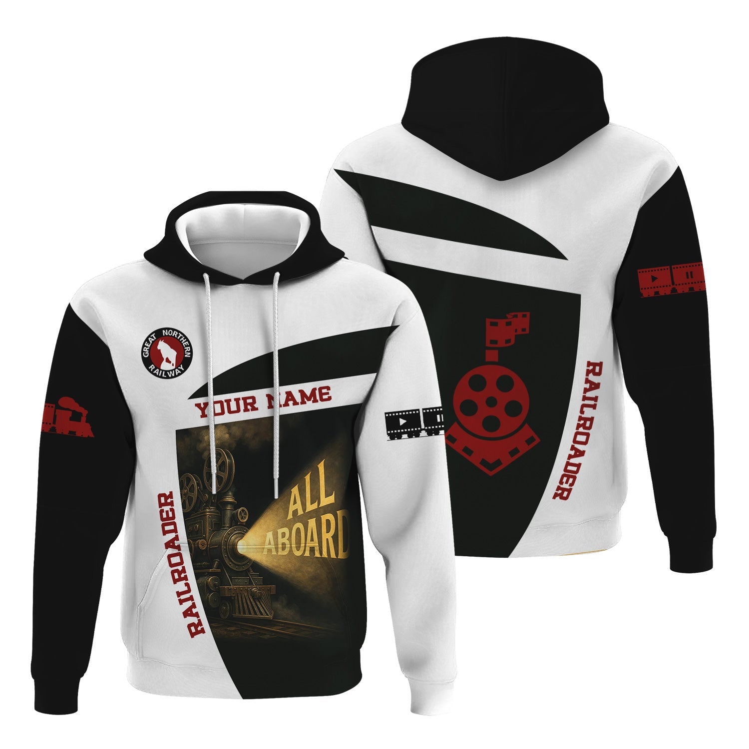 Railspirit Personalized Great Northern Railway Hoodie All Aboard Steam Train Movie Projector Style GNR Zip Up Hoodie
