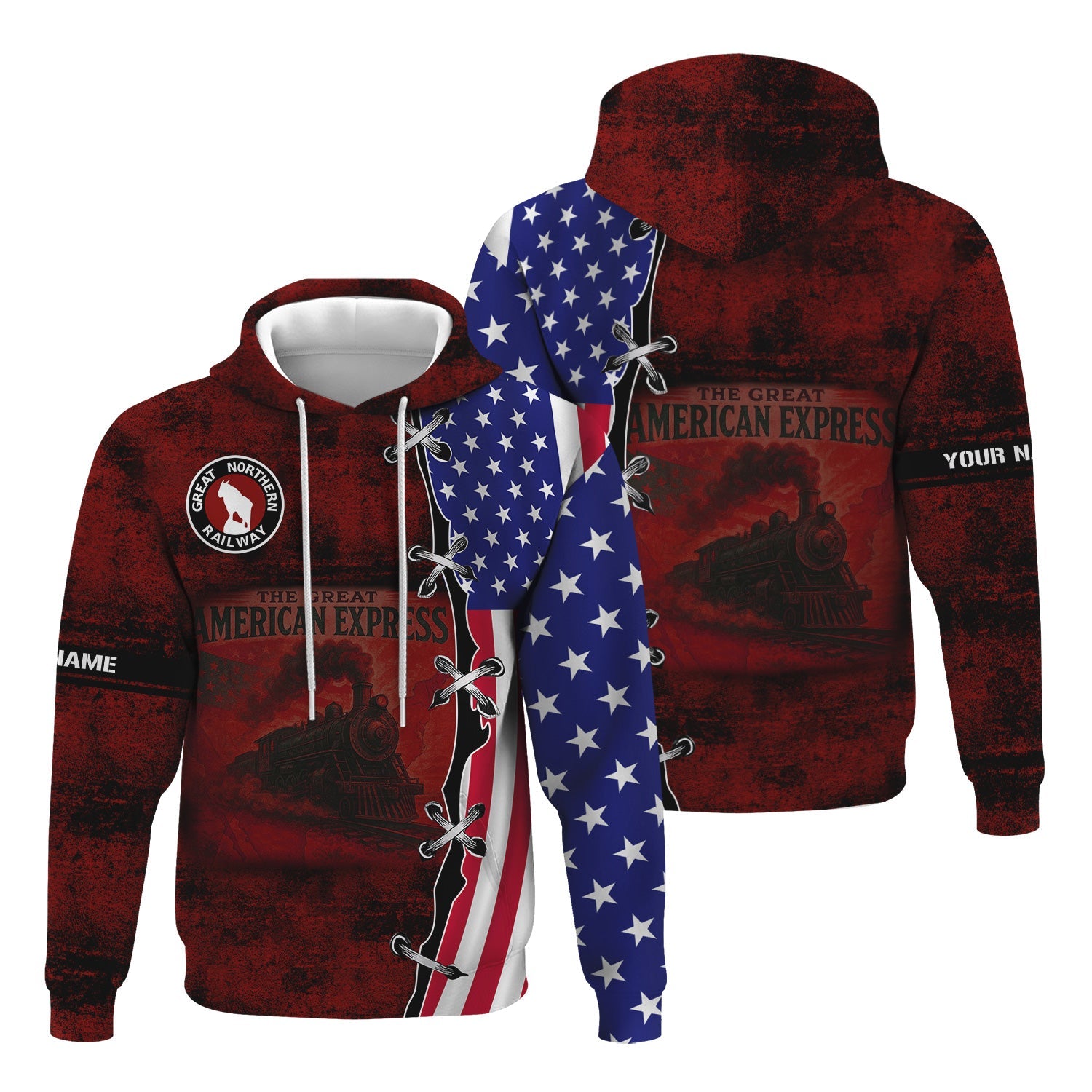 Railspirit Personalized Great Northern Railway Hoodie Retro American Express Train With USA Flag GNR Zip Up Hoodie