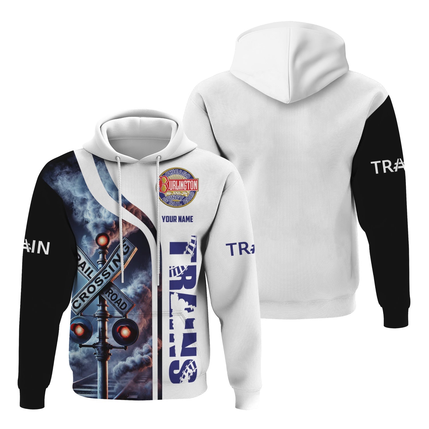 Railspirit Custom Name Chicago, Burlington and Quincy Railroad Hoodie Railroad Crossing Sign Printed Zip Hoodie