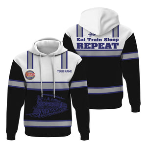 Railspirit Custom Name Chicago, Burlington and Quincy Railroad Hoodie Eat Train Sleep Repeat Printed Train Zip Hoodie