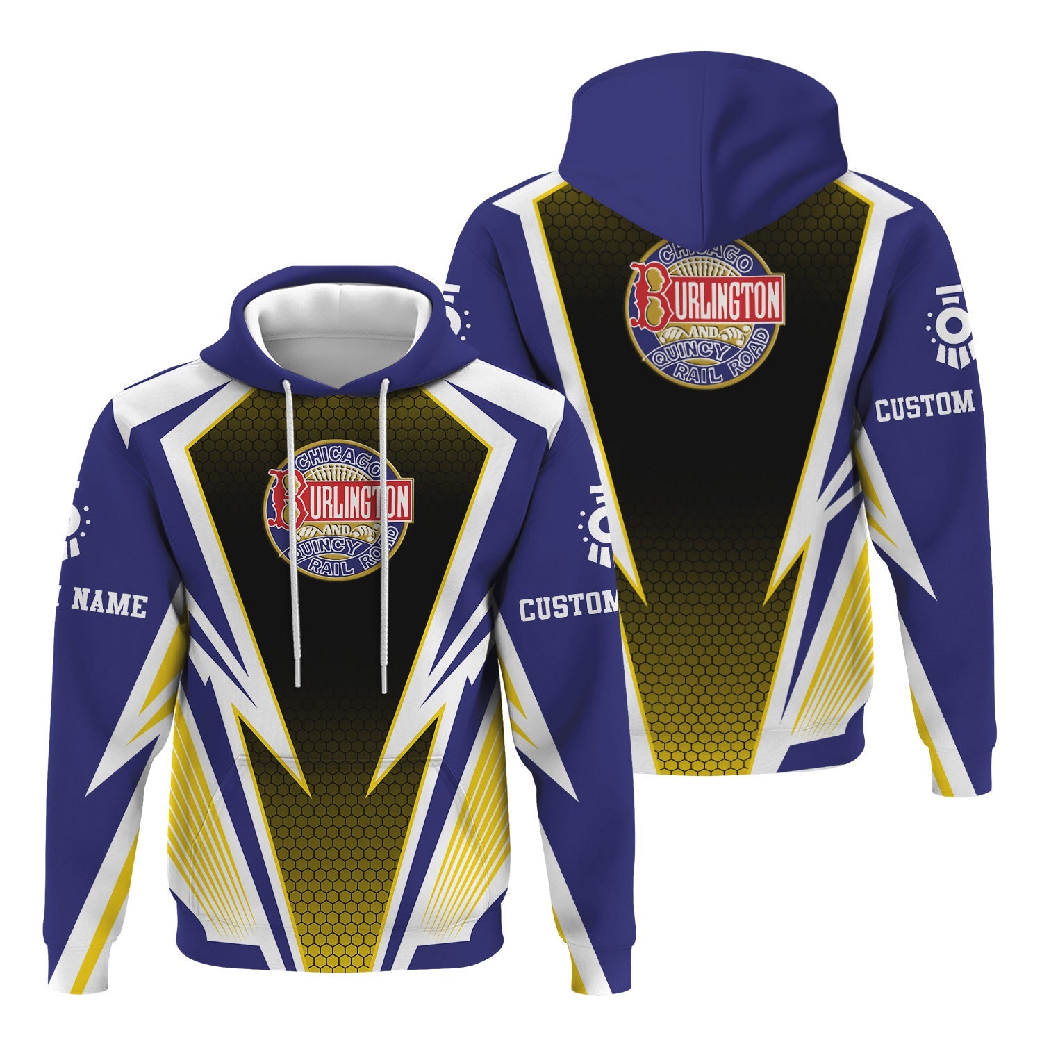 Railspirit Personalized Chicago, Burlington and Quincy Railroad Hoodie Lightning Graphic Style Zip Up Hoodie Gift Idea For Train Lover