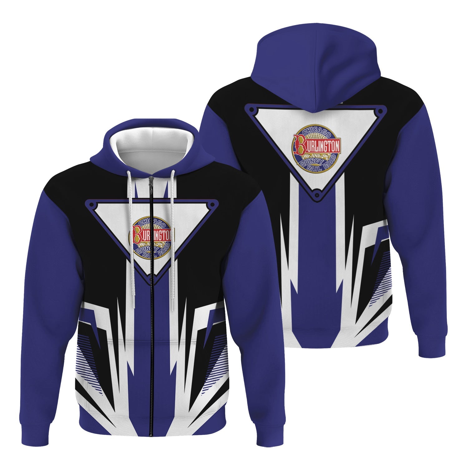 Railspirit Chicago, Burlington and Quincy Railroad Hoodie Bold Graphic Style All Over Printed Zip Up Hoodie