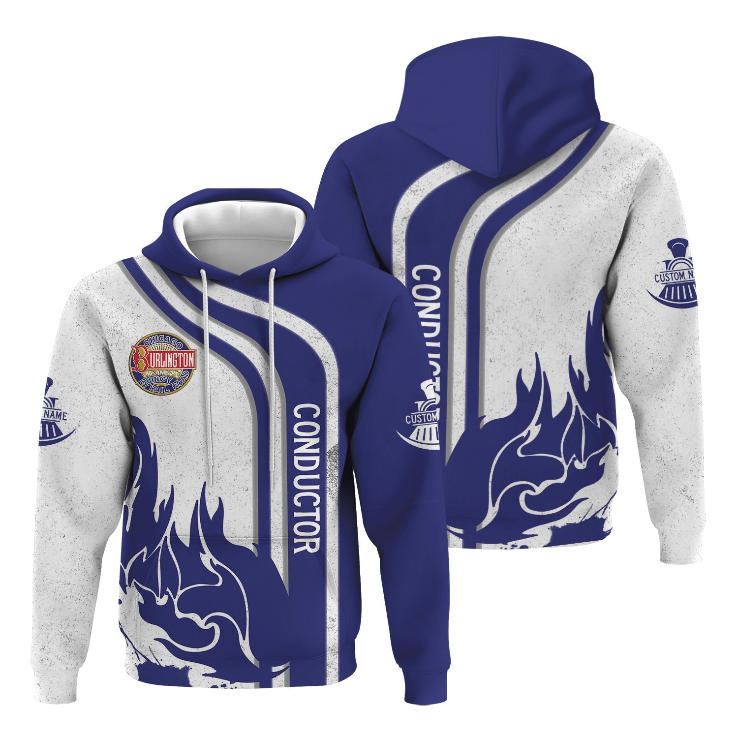 Railspirit Personalized Chicago, Burlington and Quincy Railroad Hoodie Flame Design with Custom Job Position Train Zip Up Hoodie