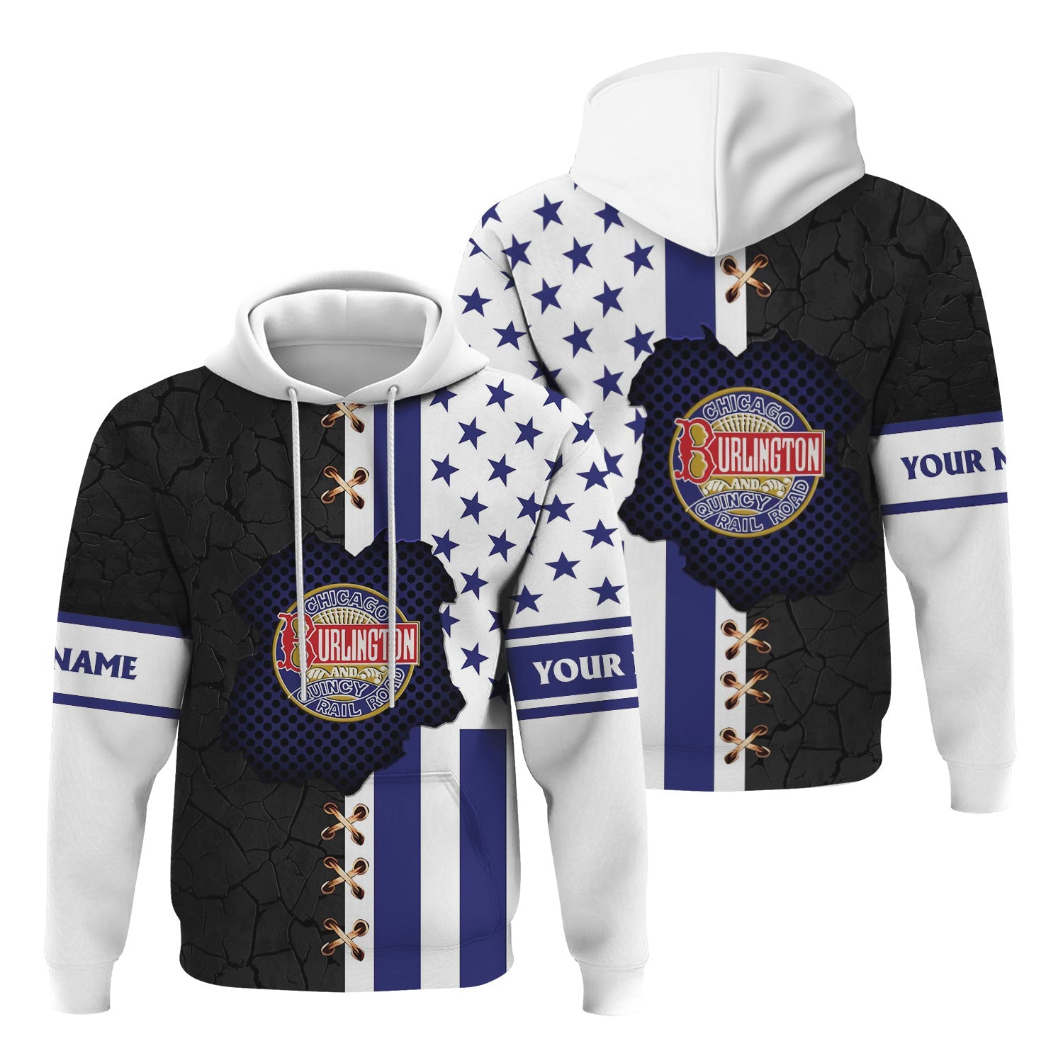 Railspirit Personalized Chicago, Burlington and Quincy Railroad Hoodie American Flag with Crack Effect Train Zip Up Hoodie
