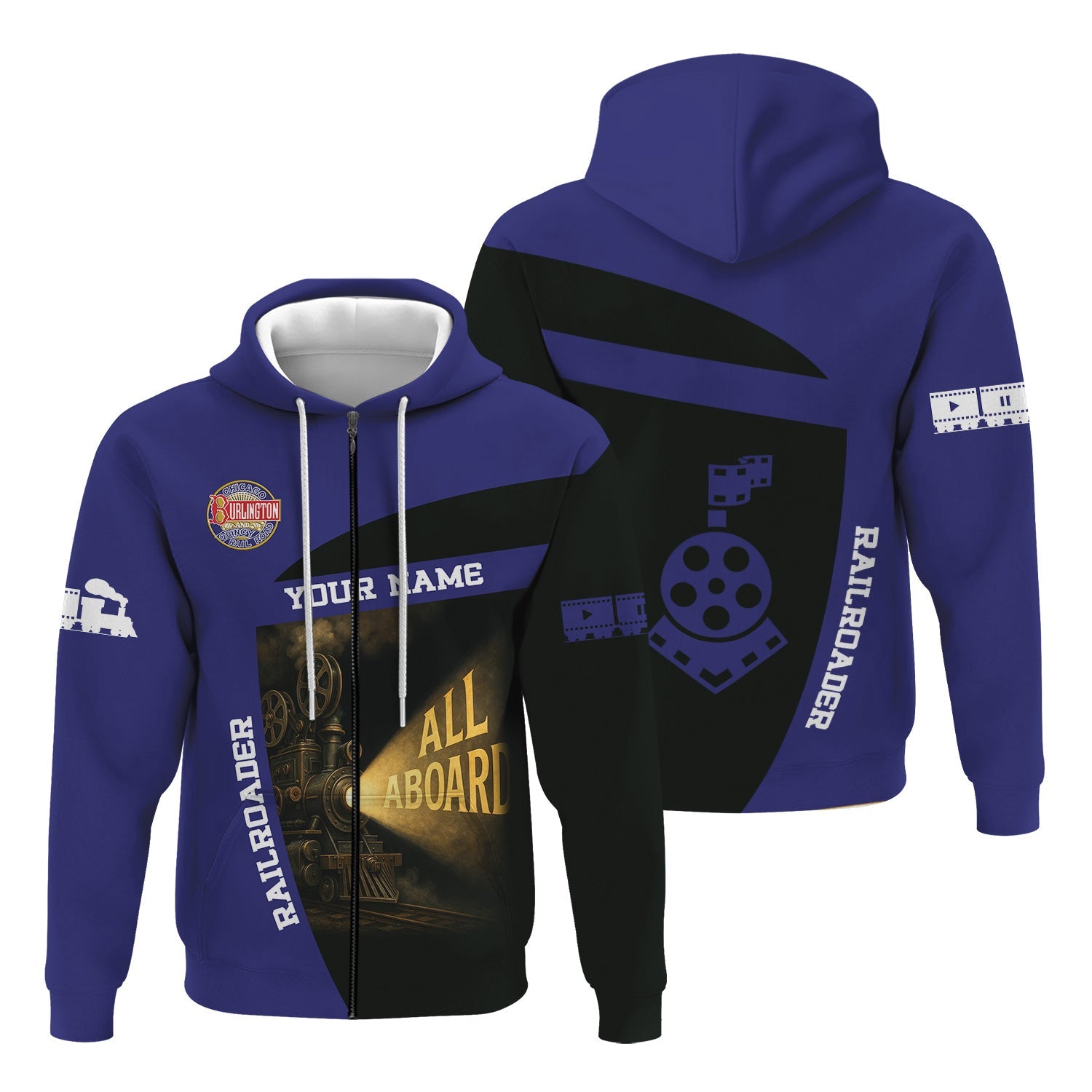 Railspirit Personalized Chicago, Burlington and Quincy Railroad Hoodie All Aboard Steam Train Movie Projector Style Zip Up Hoodie