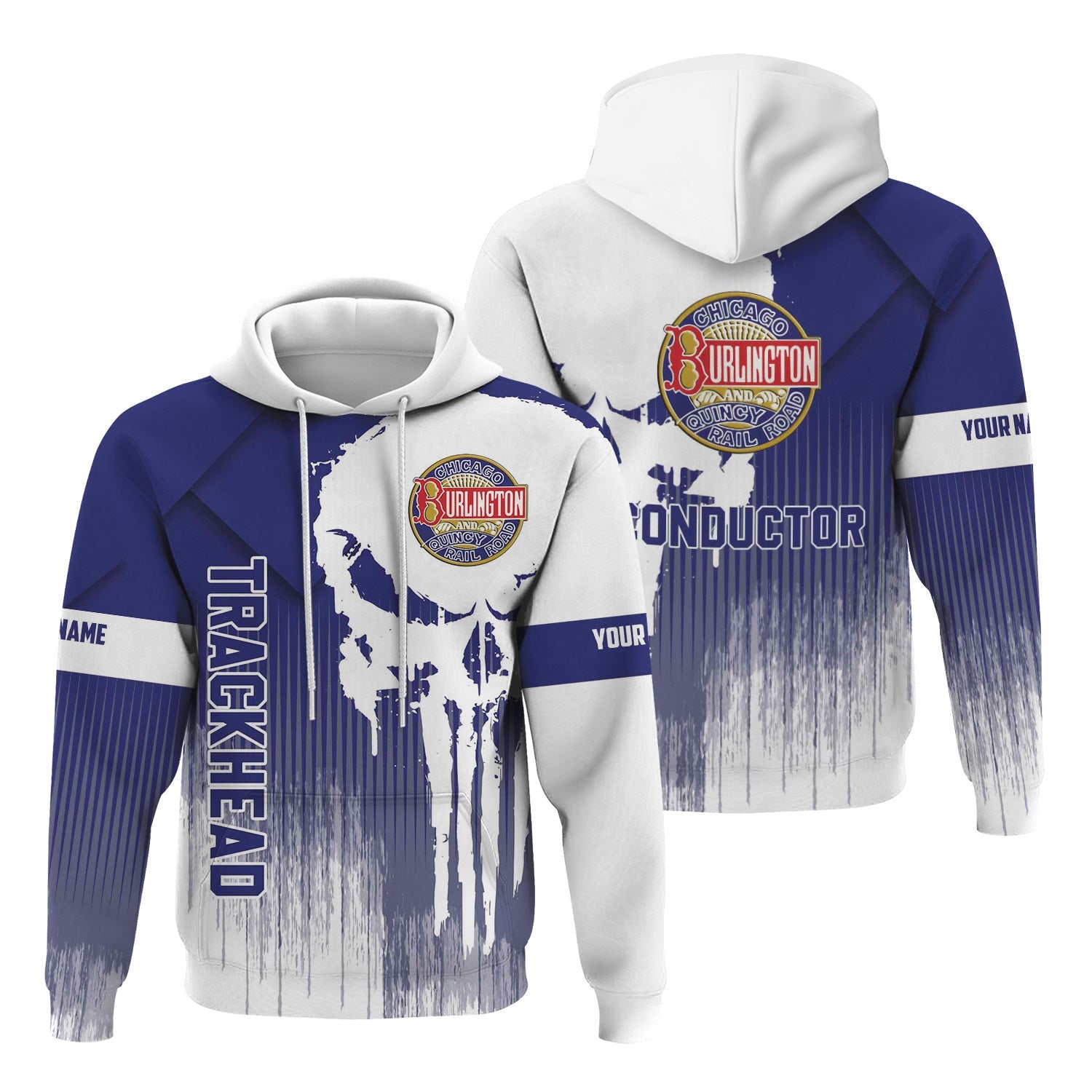 Railspirit Personalized Chicago, Burlington and Quincy Railroad Hoodie Skull Design with Custom Job Train Zip Up Hoodie for Trackhead Crew
