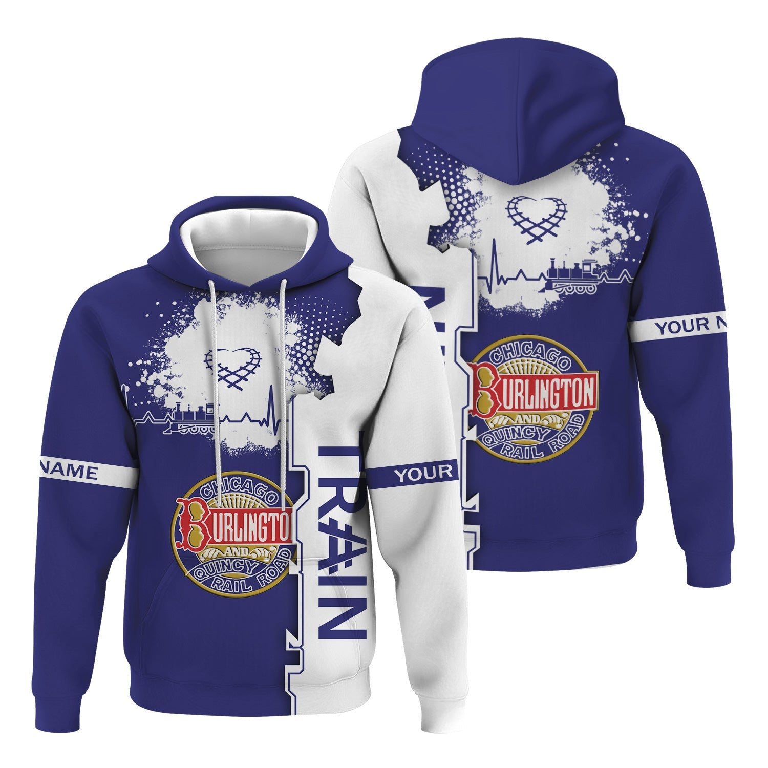 Railspirit Personalized Chicago, Burlington and Quincy Railroad Hoodie Engine Heartbeat and Track Love Style Zip Up Hoodie Gift Idea For Train Lovers