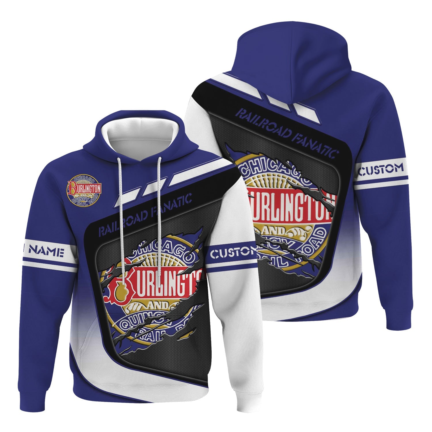 Railspirit Personalized Chicago, Burlington and Quincy Railroad Hoodie Ripped Texture Style Train Zip Up Hoodie For Railroad Fanatic