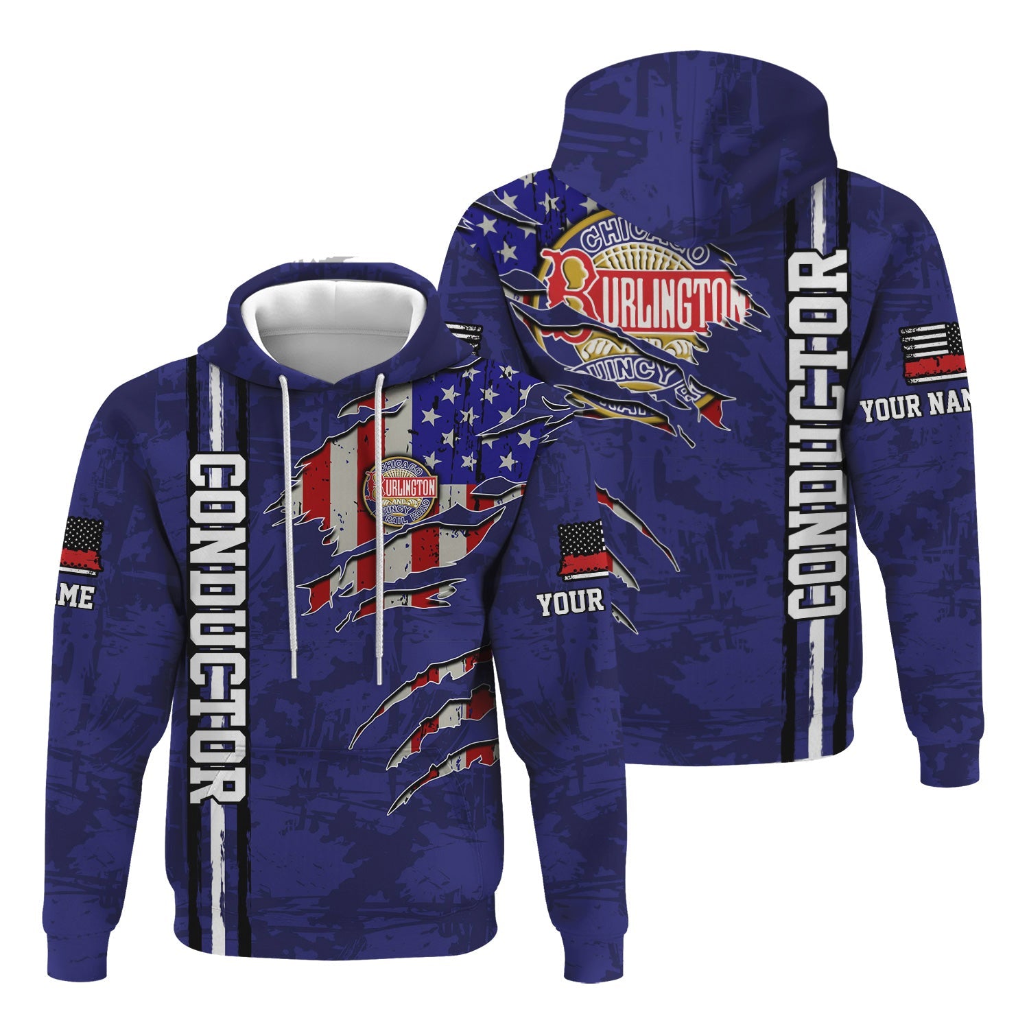 Railspirit Personalized Chicago, Burlington and Quincy Railroad Hoodie USA Flag Claw Art with Custom Job Train Zip Up Hoodie