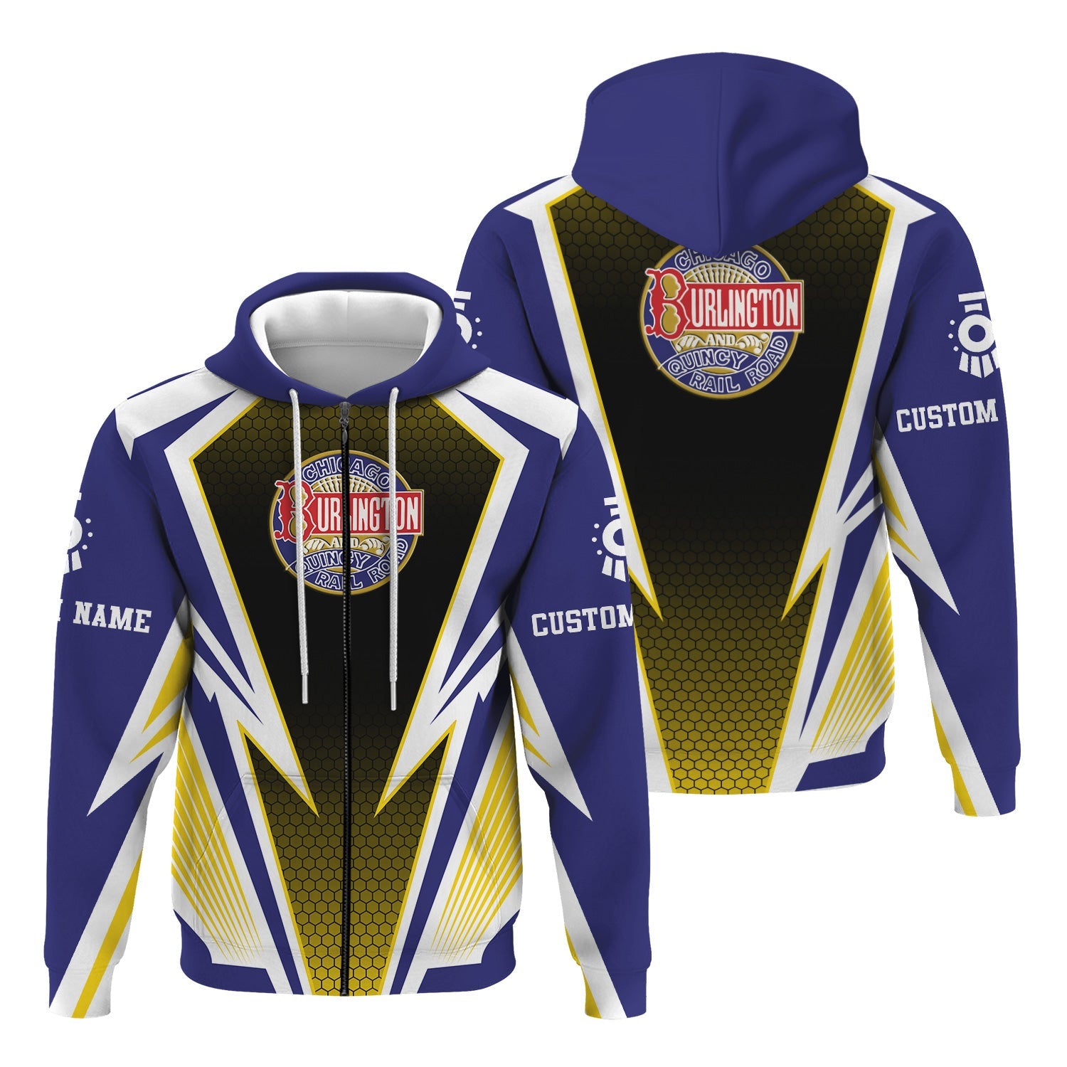 Railspirit Personalized Chicago, Burlington and Quincy Railroad Hoodie Lightning Graphic Style Zip Up Hoodie Gift Idea For Train Lover