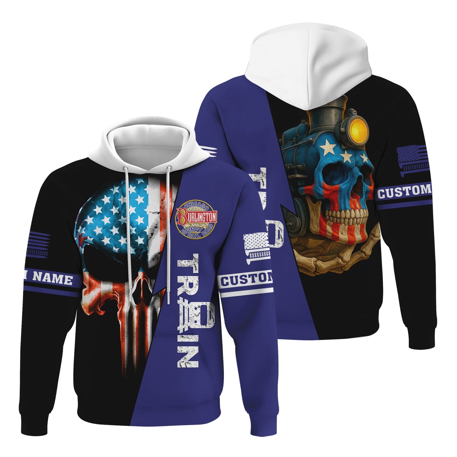 Railspirit Personalized Chicago, Burlington and Quincy Railroad Hoodie Train Skull American Flag Zip Up Hoodie All Over Print