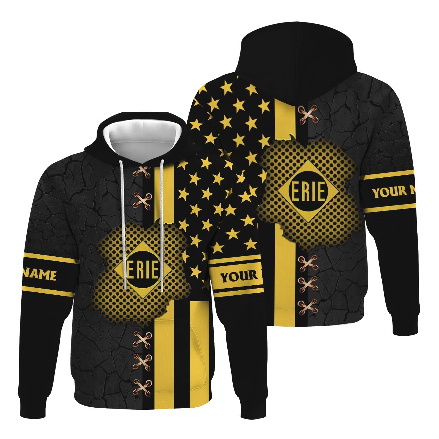 Railspirit Personalized Erie Railroad Hoodie American Flag with Crack Effect Train Zip Up Hoodie