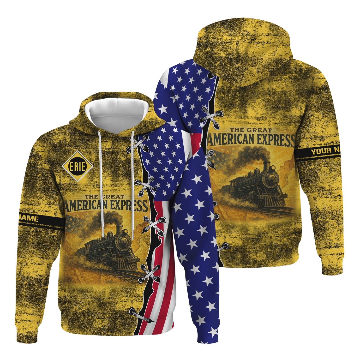 Railspirit Personalized Erie Railroad Hoodie Retro American Express Train With USA Flag Zip Up Hoodie