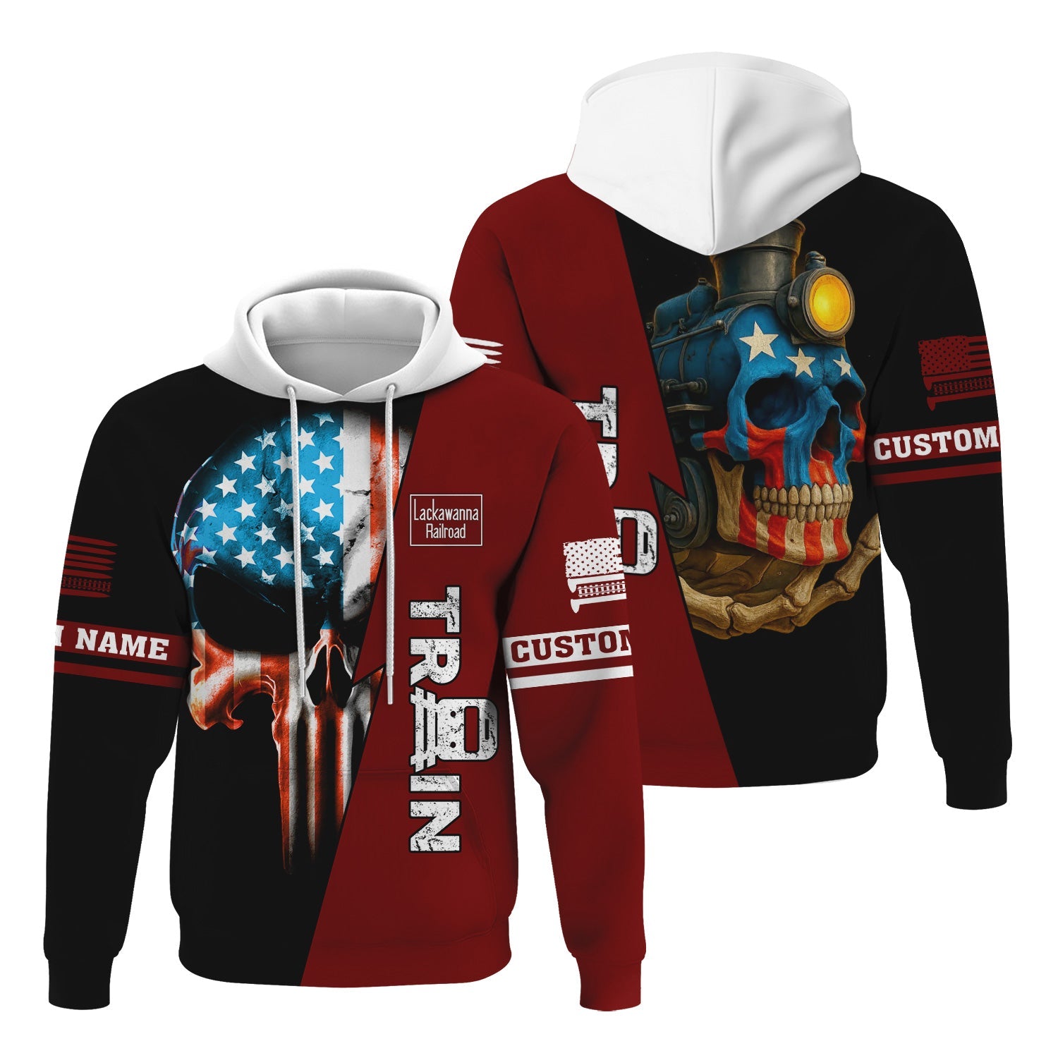 Railspirit Personalized Delaware, Lackawanna and Western Railroad Hoodie Train Skull American Flag DL&W Zip Up Hoodie