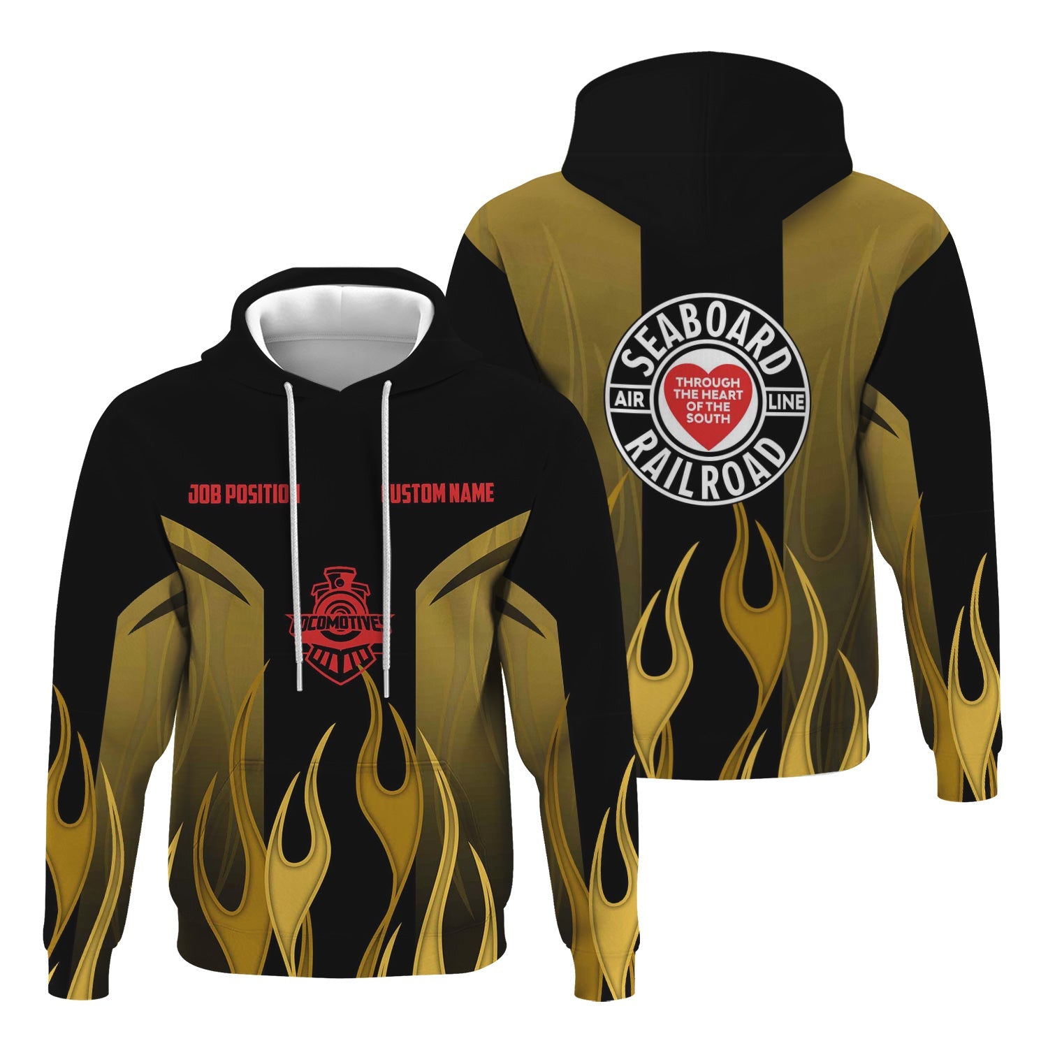 Railspirit Custom Name and Job Title Seaboard Air Line Railroad Hoodie Flame Graphic Train Zip Up Hoodie