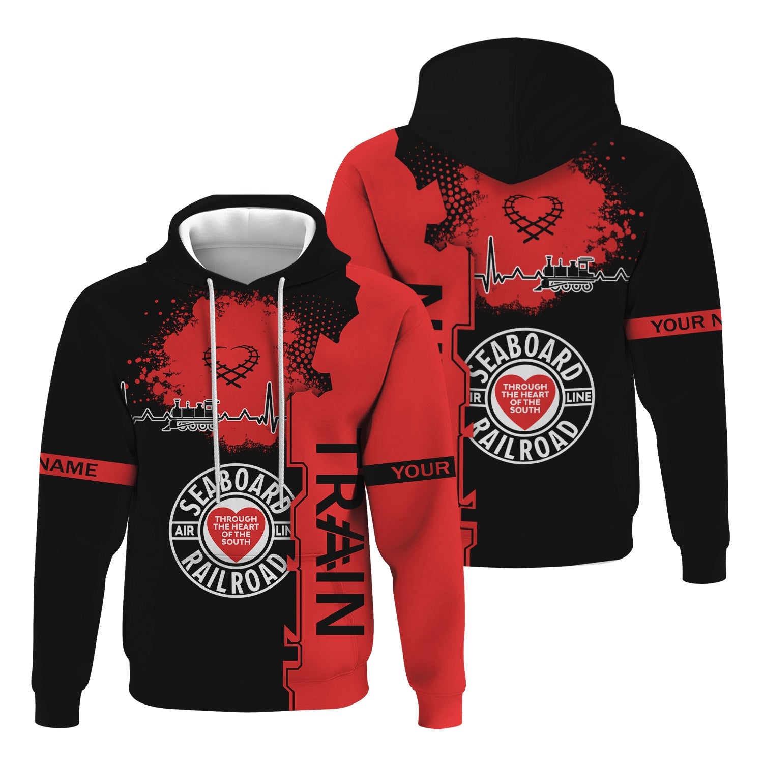 Railspirit Personalized Seaboard Air Line Railroad Hoodie Engine Heartbeat and Track Love Style Zip Up Hoodie Gift Idea For Train Lovers