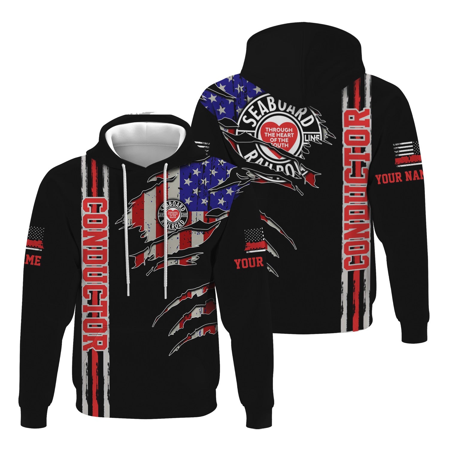 Railspirit Personalized Seaboard Air Line Railroad Hoodie USA Flag Claw Art with Custom Job Train Zip Up Hoodie