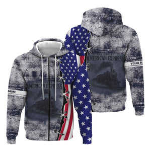 Railspirit Personalized Chessie System Railroad Hoodie Retro American Express Train With USA Flag Zip Up Hoodie