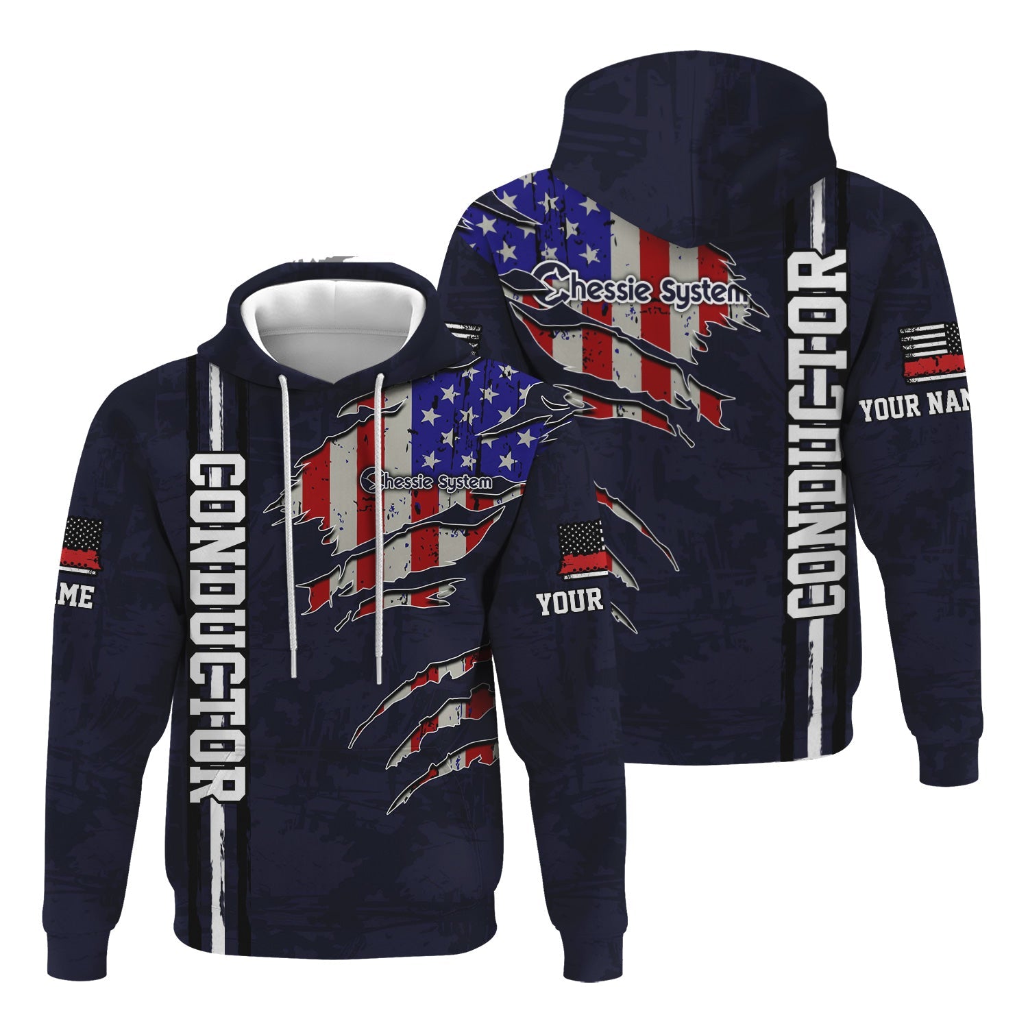 Railspirit Personalized Chessie System Railroad Hoodie USA Flag Claw Art with Custom Job Train Zip Up Hoodie