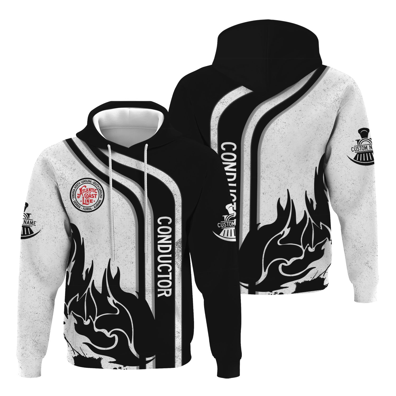 Railspirit Personalized Atlantic Coast Line Railroad Hoodie Flame Design with Custom Job Position Train Zip Up Hoodie