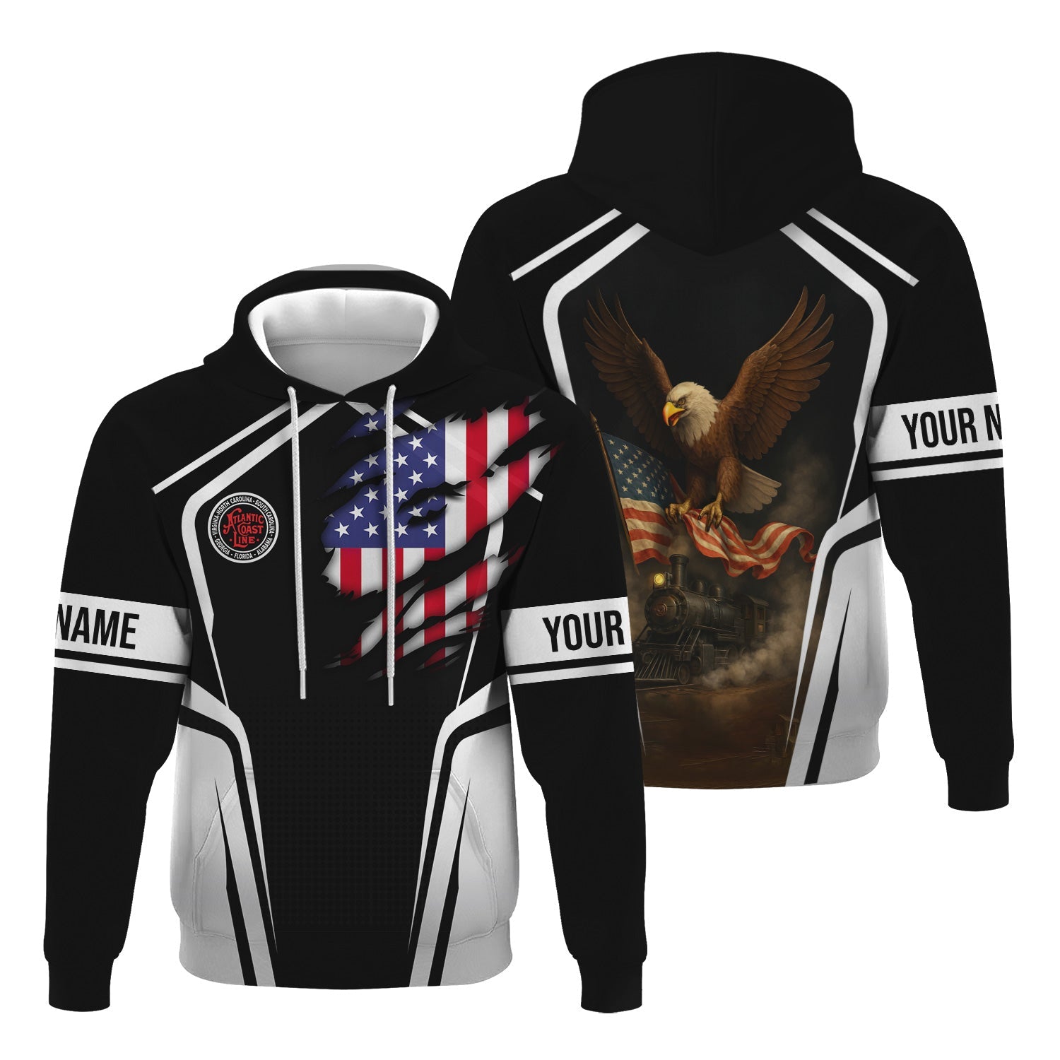 Railspirit Personalized Atlantic Coast Line Railroad Hoodie American Eagle Vintage Train Zip Up Hoodie