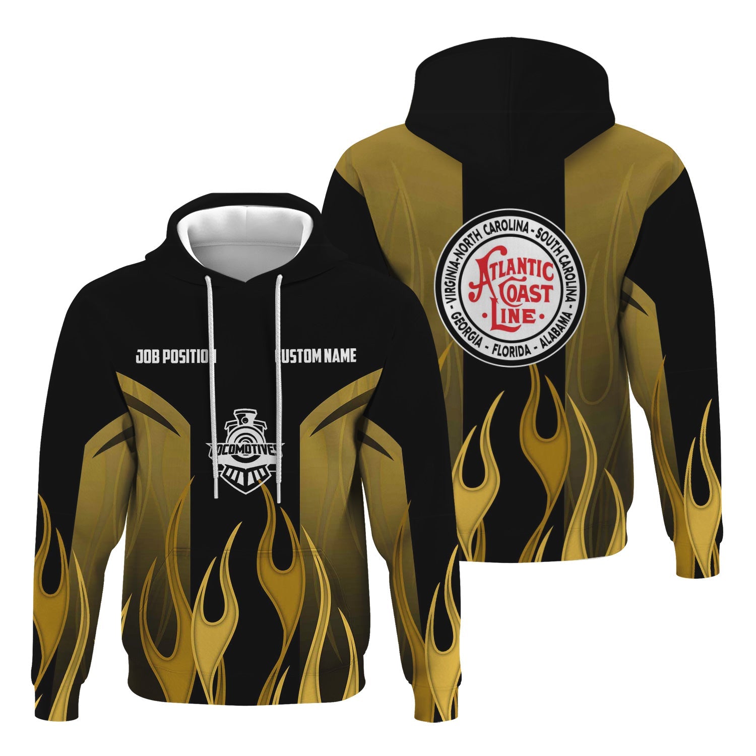 Railspirit Custom Name and Job Title Atlantic Coast Line Railroad Hoodie Flame Graphic Train Zip Up Hoodie