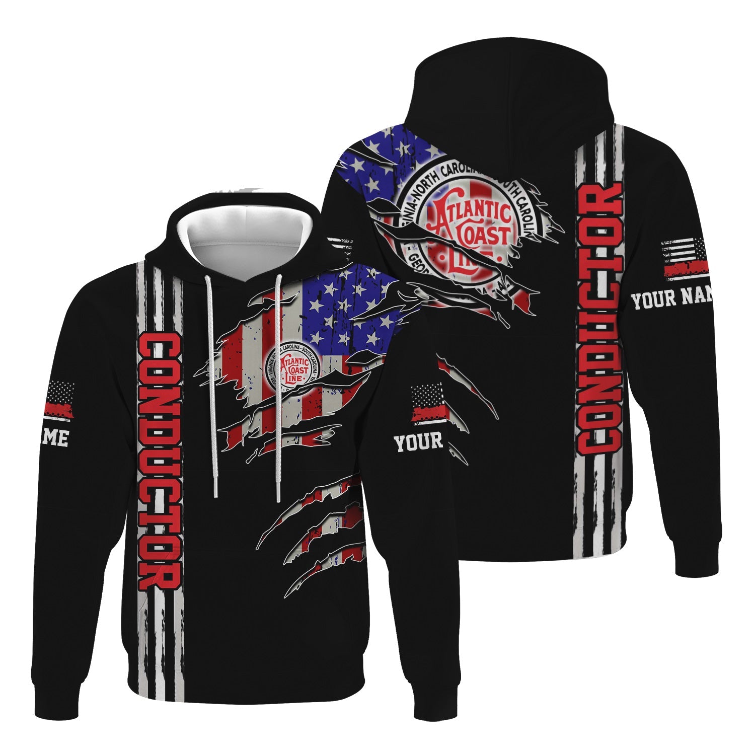 Railspirit Personalized Atlantic Coast Line Railroad Hoodie USA Flag Claw Art with Custom Job Train Zip Up Hoodie