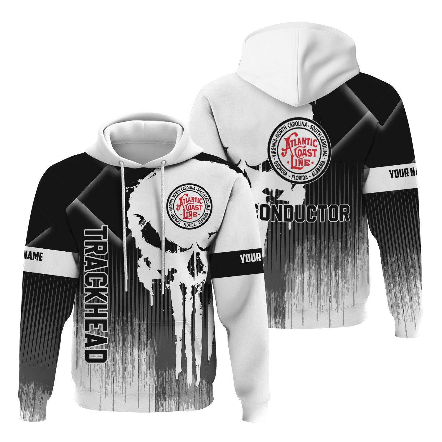 Railspirit Personalized Atlantic Coast Line Railroad Hoodie Skull Design with Custom Job Train Zip Up Hoodie for Trackhead Crew