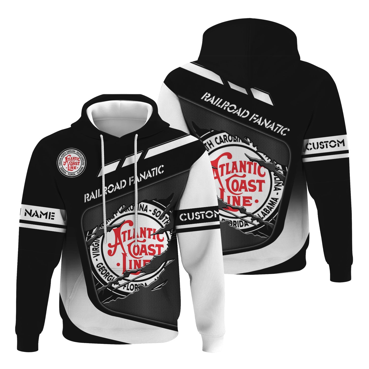 Railspirit Personalized Atlantic Coast Line Railroad Hoodie Ripped Texture Style Train Zip Up Hoodie For Railroad Fanatic