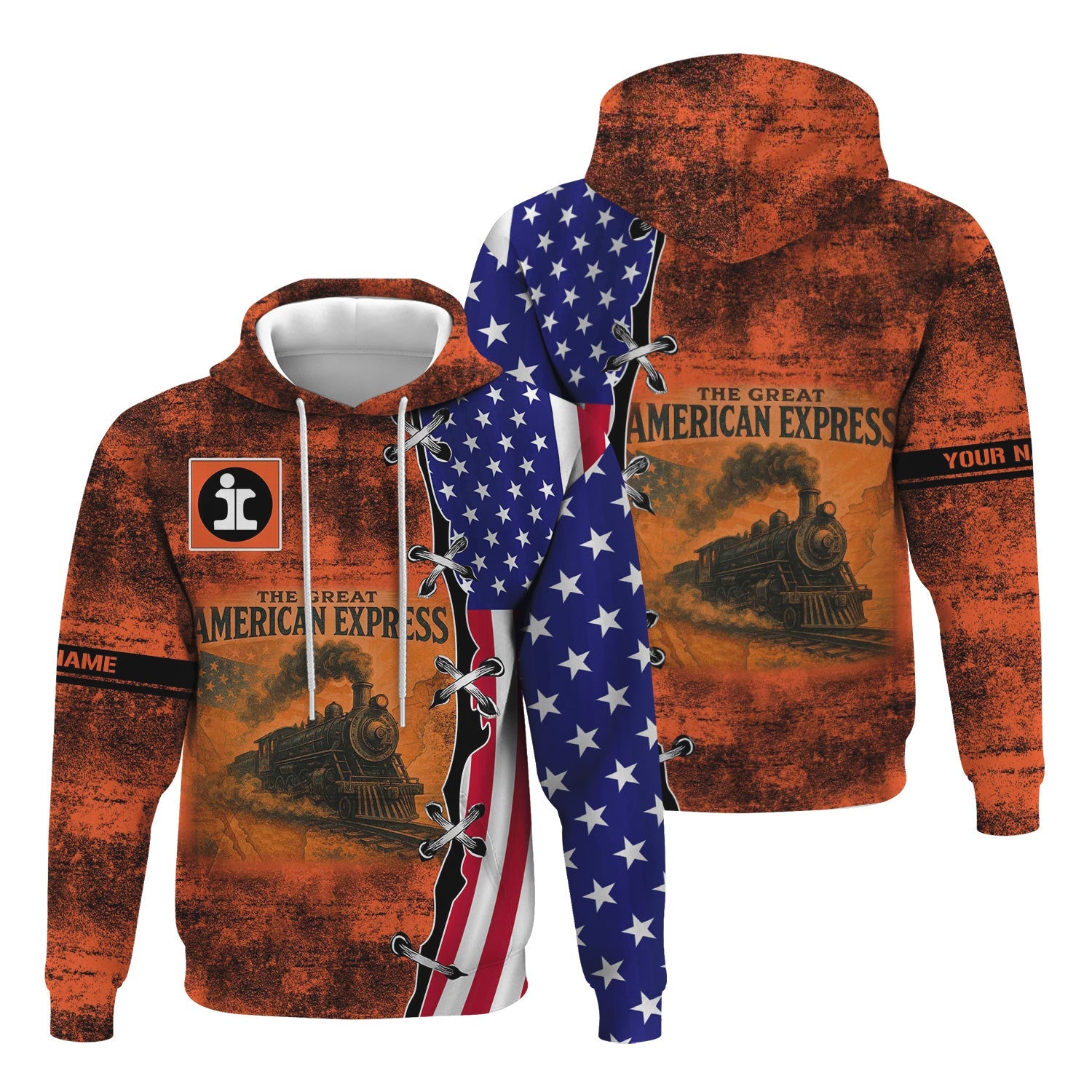 Railspirit Personalized Illinois Central Railroad Hoodie Retro American Express Train With USA Flag Zip Up Hoodie