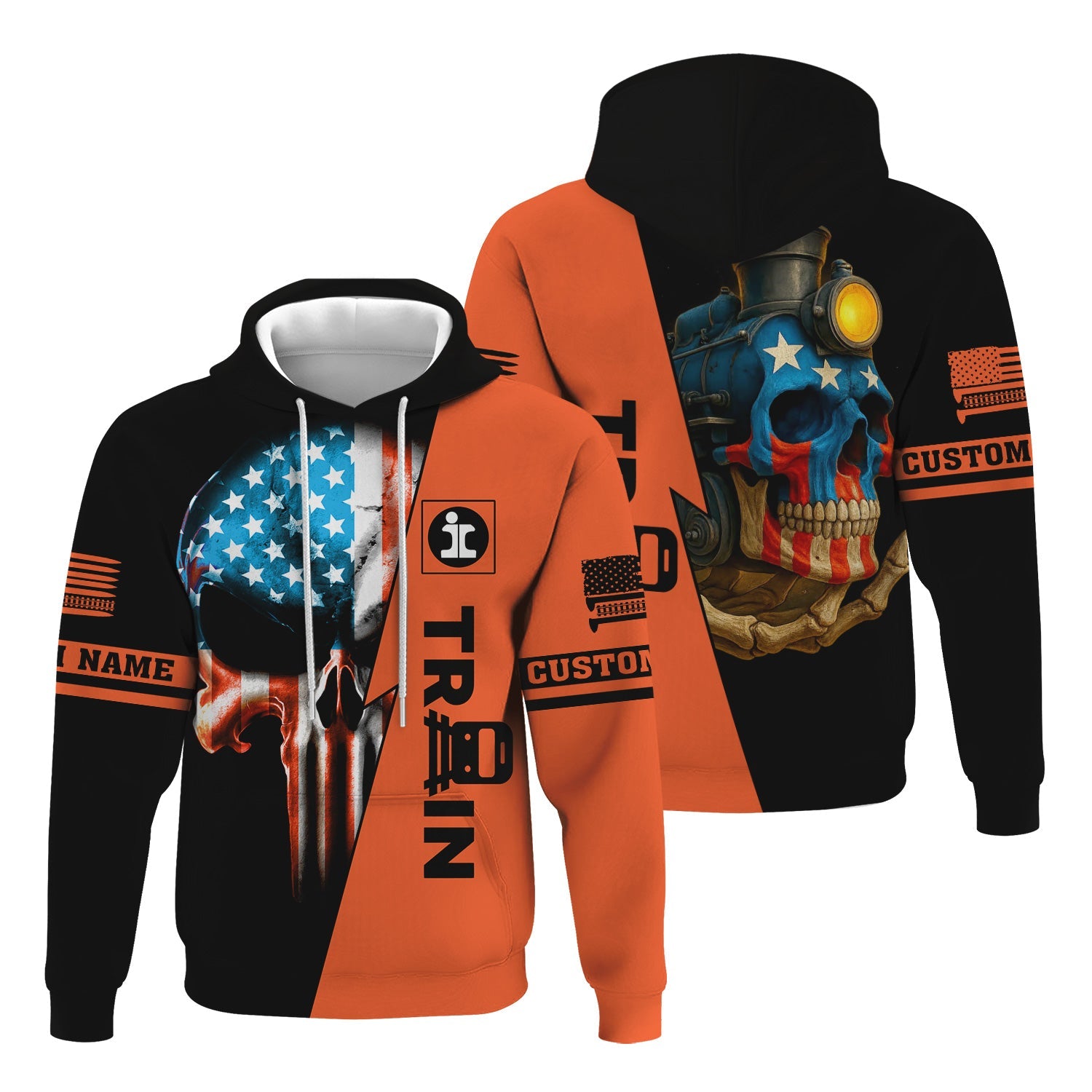 Railspirit Personalized Illinois Central Railroad Hoodie Train Skull American Flag Zip Up Hoodie All Over Print