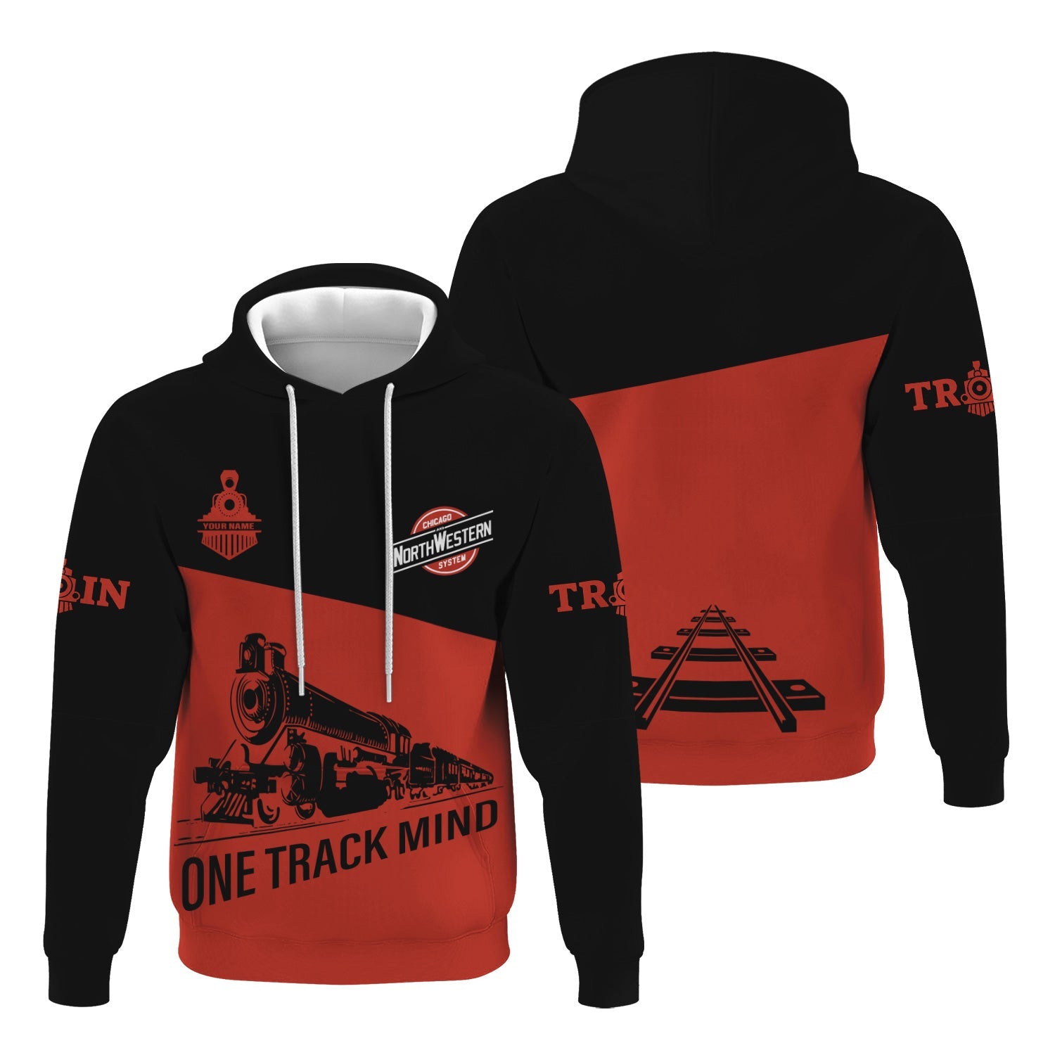 Railspirit Custom Name Chicago and North Western Railway Hoodie One Track Mind Printed Zip Hoodie