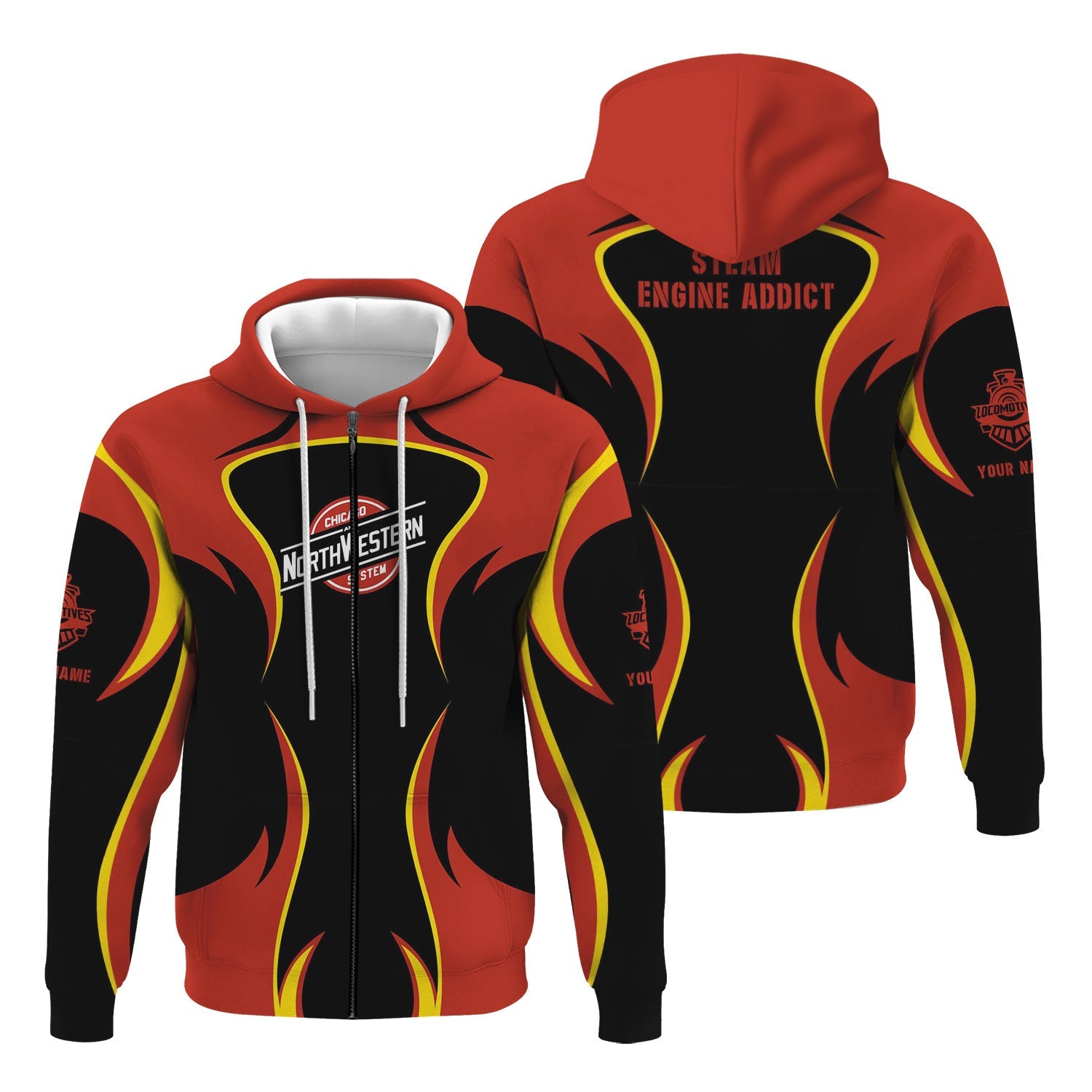 Railspirit Personalized Chicago and North Western Railway Hoodie Distinctive Flame Style Zip Up Hoodie For Steam Engine Addict