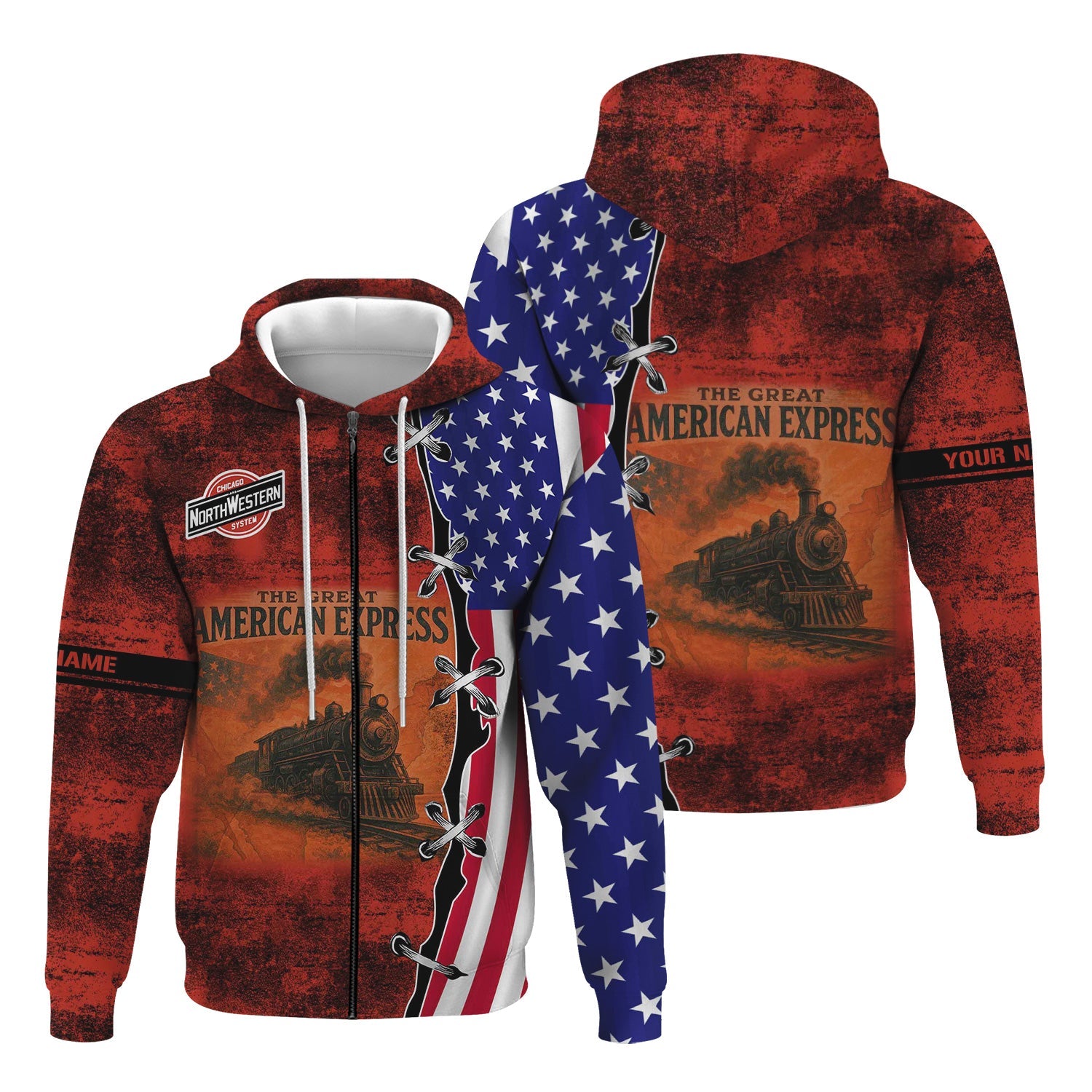 Railspirit Personalized Chicago and North Western Railway Hoodie Retro American Express Train With USA Flag Zip Up Hoodie
