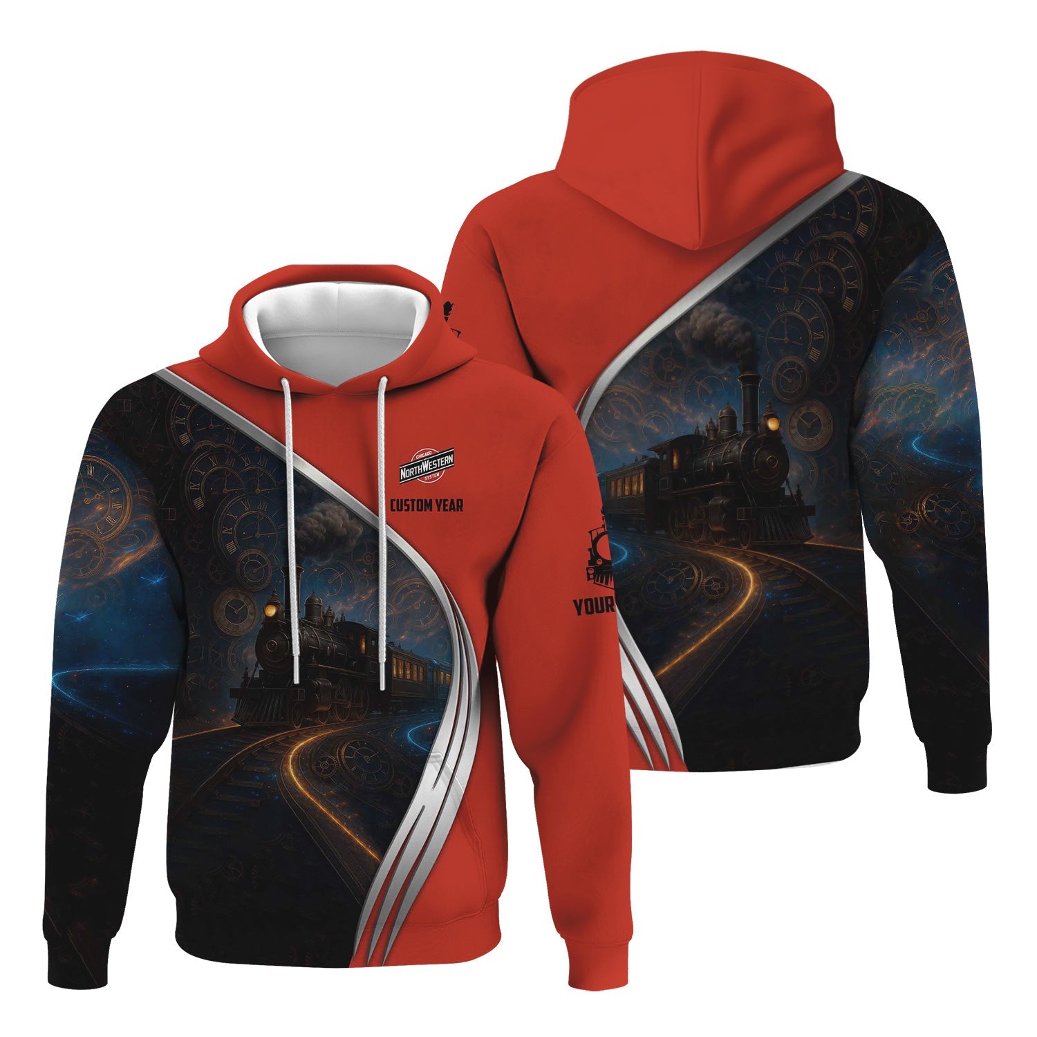 Railspirit Personalized Chicago and North Western Railway Hoodie Steampunk Locomotive with Custom Year Train Zip Up Hoodie