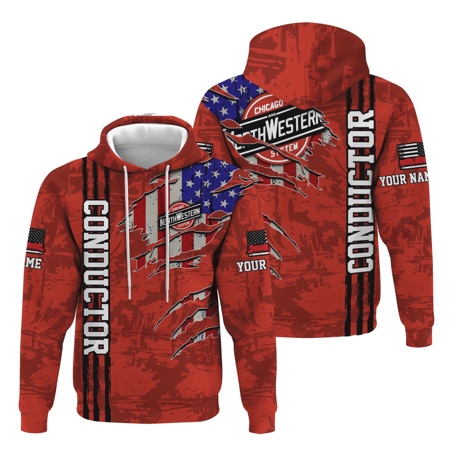 Railspirit Personalized Chicago and North Western Railway Hoodie USA Flag Claw Art with Custom Job Train Zip Up Hoodie
