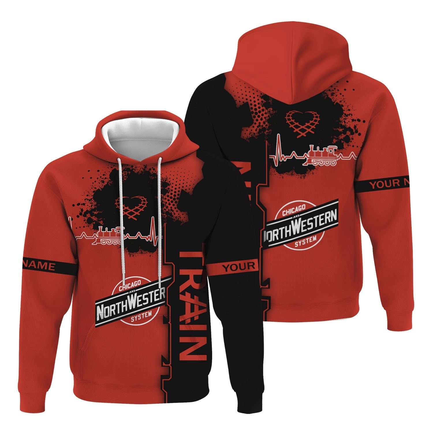 Railspirit Personalized Chicago and North Western Railway Hoodie Engine Heartbeat and Track Love Style Zip Up Hoodie Gift Idea For Train Lovers