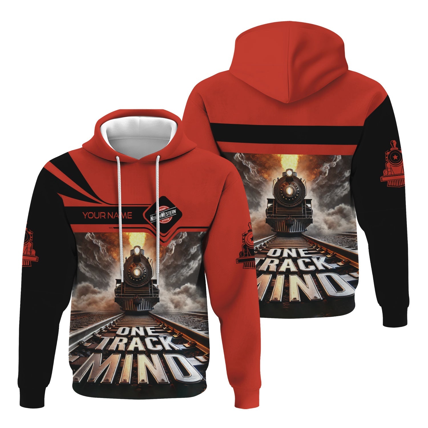 Railspirit Personalized Chicago and North Western Railway Hoodie One Track Mind Train Printed ZIp Up Hoodie