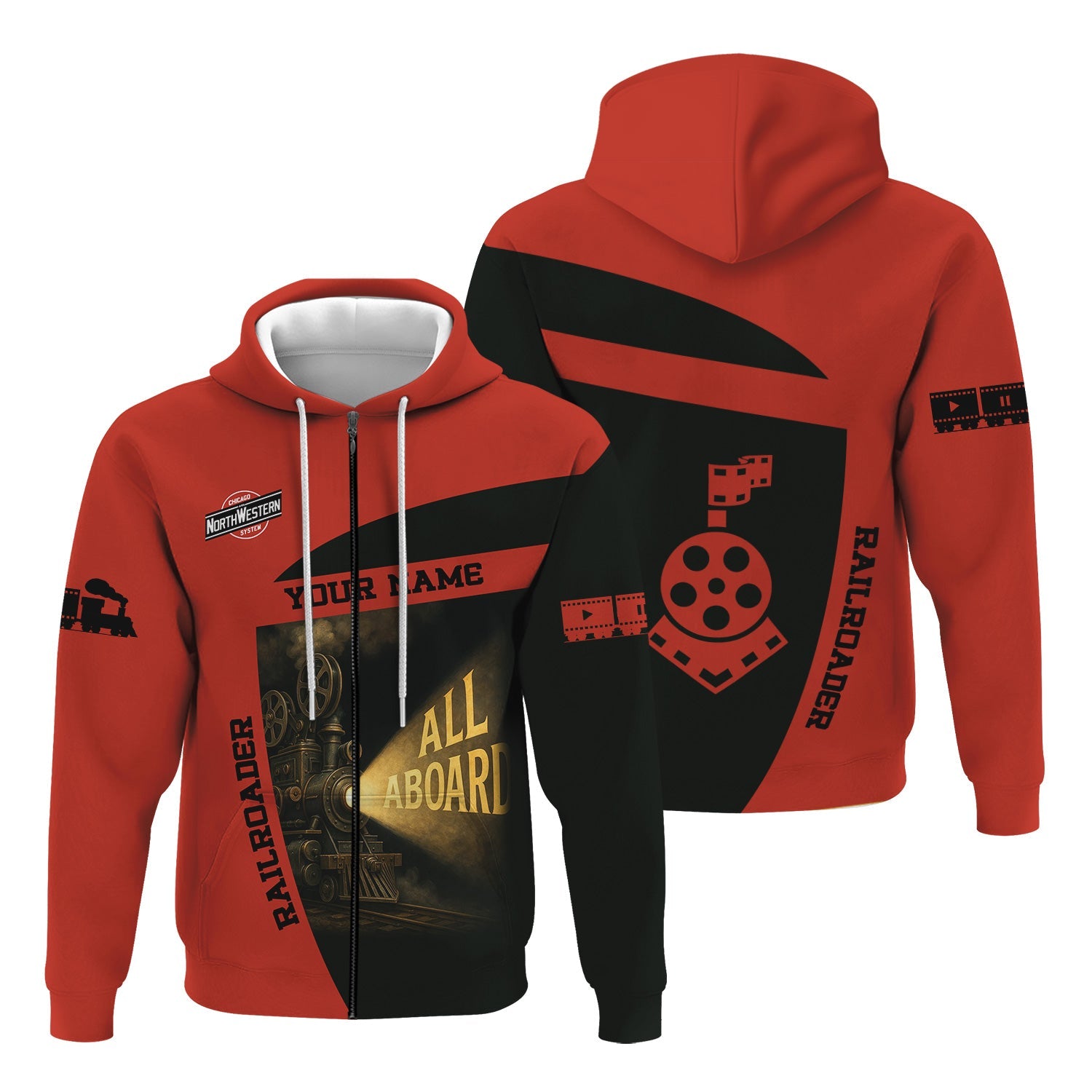 Railspirit Personalized Chicago and North Western Railway Hoodie All Aboard Steam Train Movie Projector Style Zip Up Hoodie