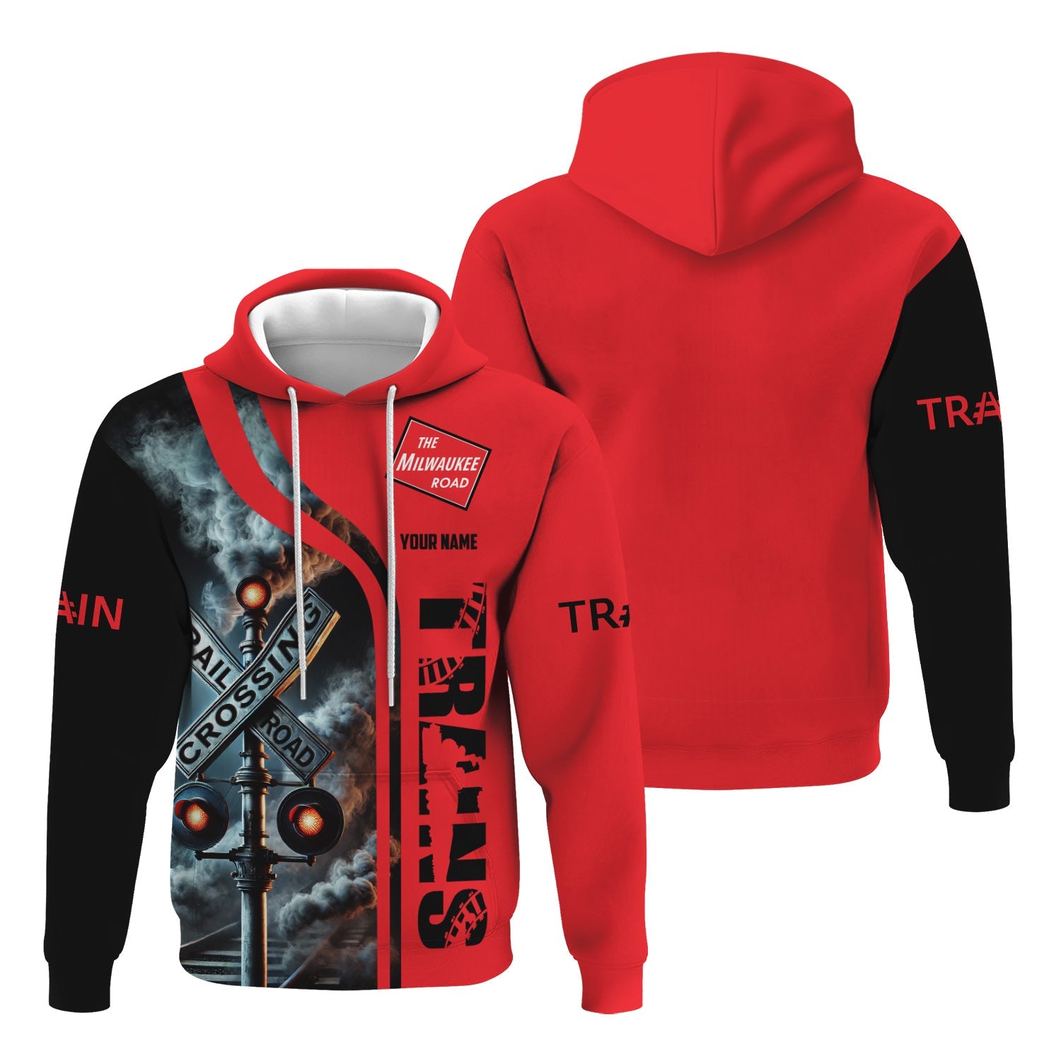Railspirit Custom Name Chicago, Milwaukee, St. Paul and Pacific Railroad Hoodie Railroad Crossing Sign Milwaukee Road Printed Zip Hoodie