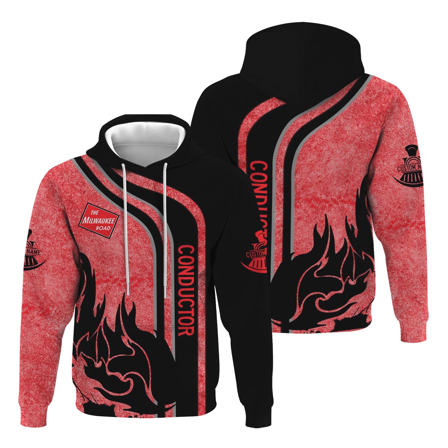 Railspirit Personalized Chicago, Milwaukee, St. Paul and Pacific Railroad Hoodie Flame Design Custom Job Position Milwaukee Road Train Zip Up Hoodie