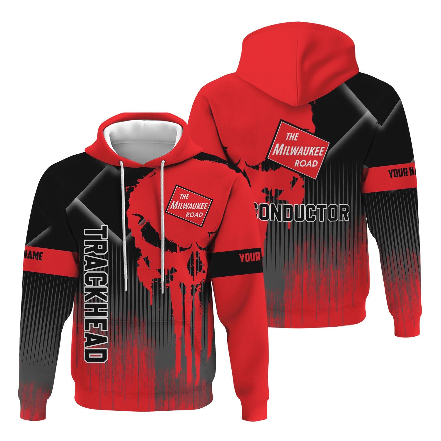 Railspirit Personalized Chicago, Milwaukee, St. Paul and Pacific Railroad Hoodie Skull Design with Custom Job Milwaukee Road Train Zip Up Hoodie