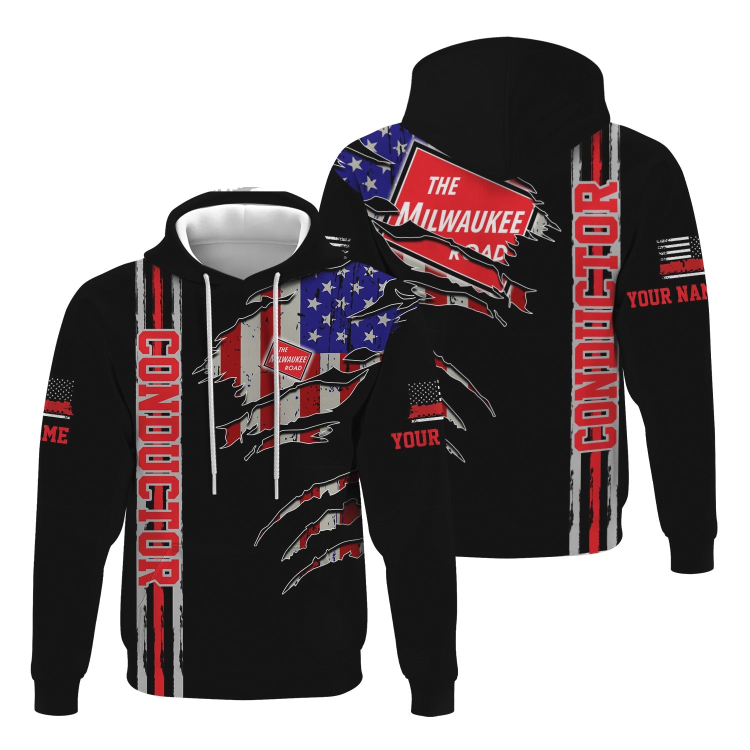 Railspirit Personalized Chicago, Milwaukee, St. Paul and Pacific Railroad Hoodie USA Flag Claw Art with Custom Job Milwaukee Road Train Zip Up Hoodie