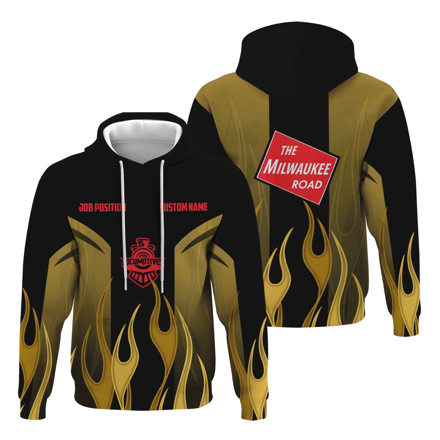 Railspirit Custom Name and Job Title Chicago, Milwaukee, St. Paul and Pacific Railroad Hoodie Flame Graphic Milwaukee Road Train Zip Up Hoodie
