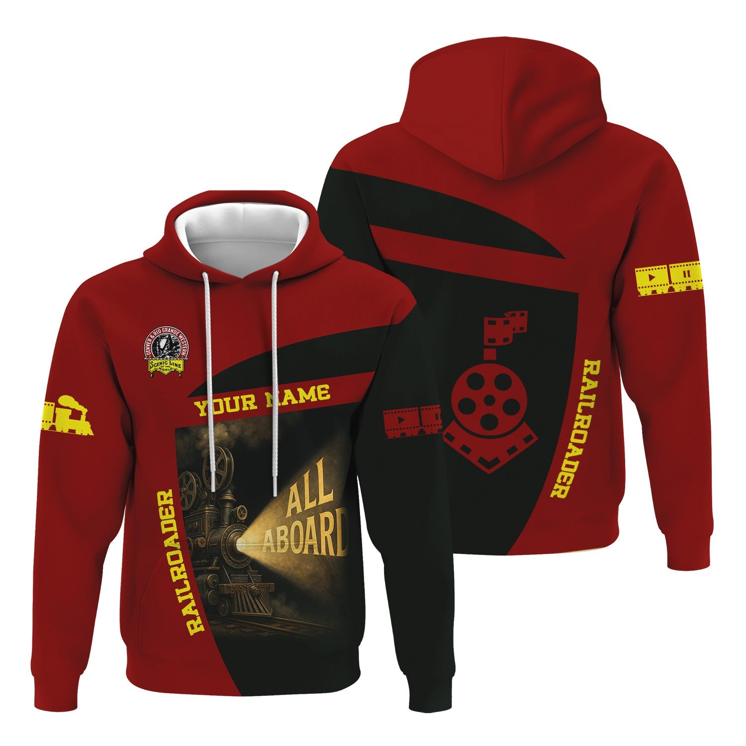 Railspirit Personalized Denver and Rio Grande Western Railroad Hoodie All Aboard Steam Train Movie Projector Style Zip Up Hoodie