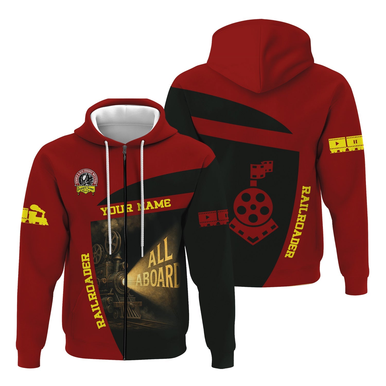 Railspirit Personalized Denver and Rio Grande Western Railroad Hoodie All Aboard Steam Train Movie Projector Style Zip Up Hoodie