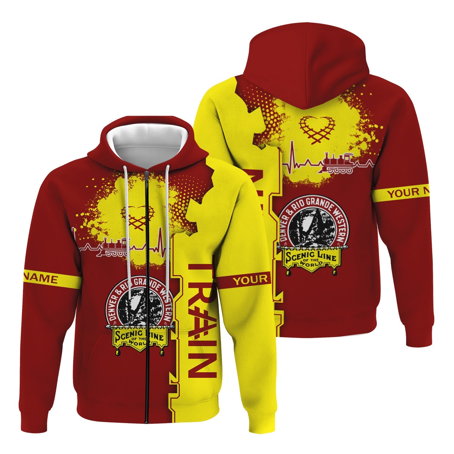 Railspirit Personalized Denver and Rio Grande Western Railroad Hoodie Engine Heartbeat and Track Love Style Zip Up Hoodie Gift Idea For Train Lovers
