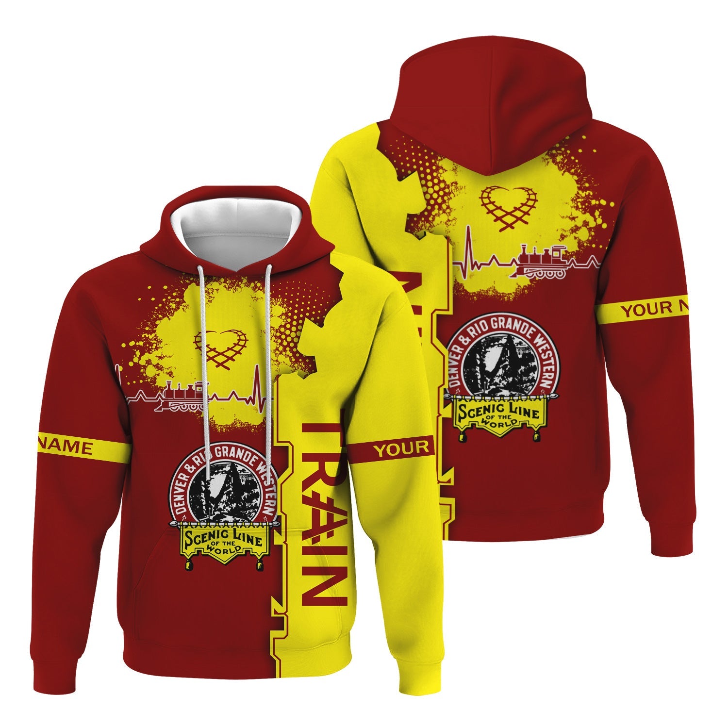 Railspirit Personalized Denver and Rio Grande Western Railroad Hoodie Engine Heartbeat and Track Love Style Zip Up Hoodie Gift Idea For Train Lovers